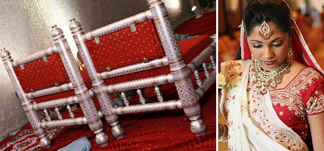 Deep red and gold ceremony chairs for Indian bride and groom