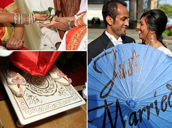 After saying I Do, bride and groom pose with blue Just Married parasol