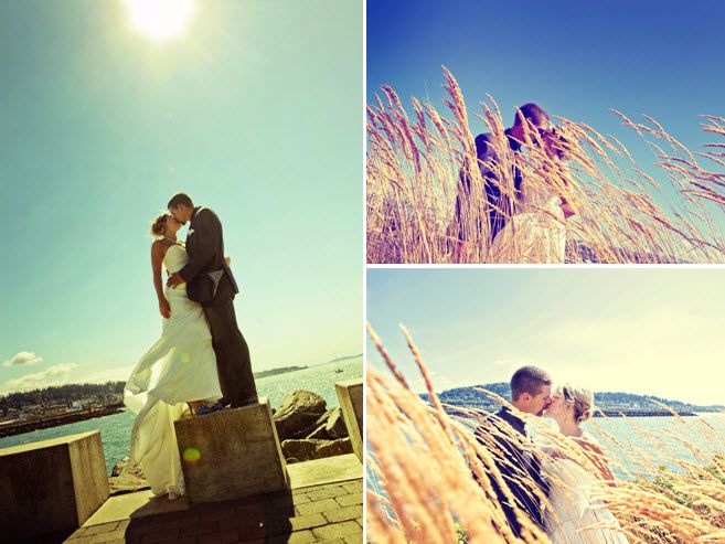 Bride and groom in full wedding day garb pose for photos outside