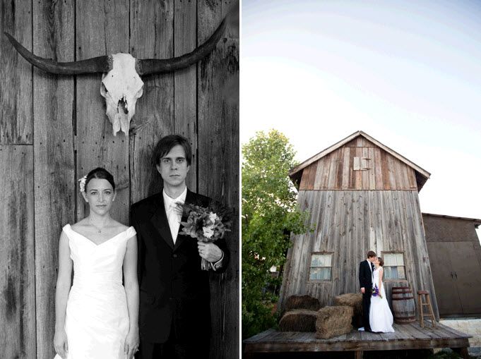 Austin, TX bride and groom take photos outside rustic ranch wedding venue