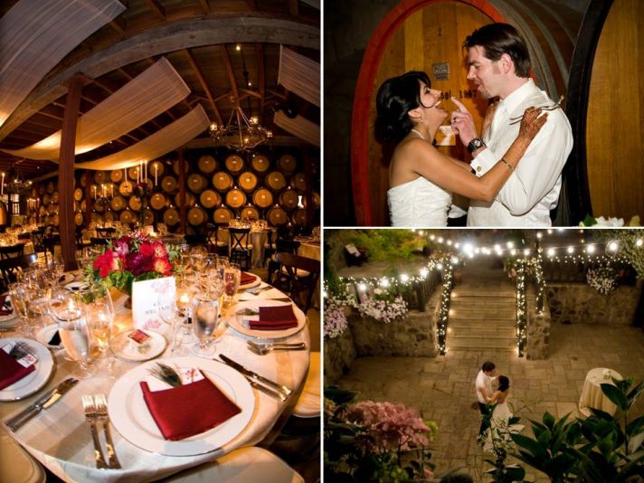 Opulent winery wedding reception table decor- deep red, gold, and peacock feather details