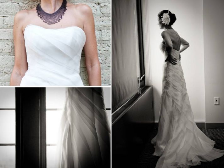 White strapless a-line wedding dress complimented by silver statement necklace