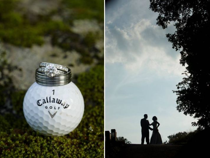 Engagement ring and wedding band photographed on golf ball