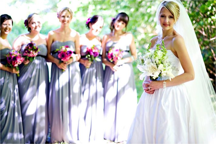 Outdoor casual wedding in Vancouver- grey bridesmaids dresses, white bridal bouquet