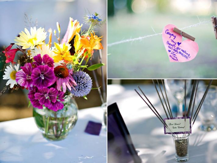 Whimsical bright wedding flower centerpieces, unique spin on wedding guest book