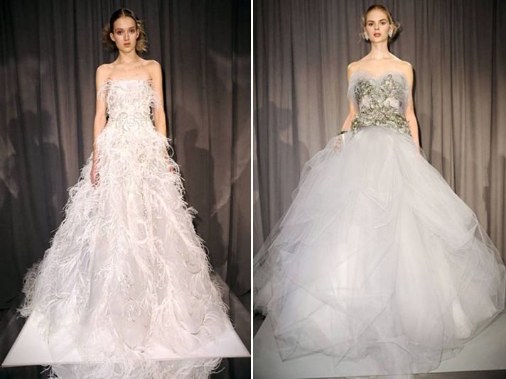 White strapless ballgown Marchesa wedding dresses with tulle and beading