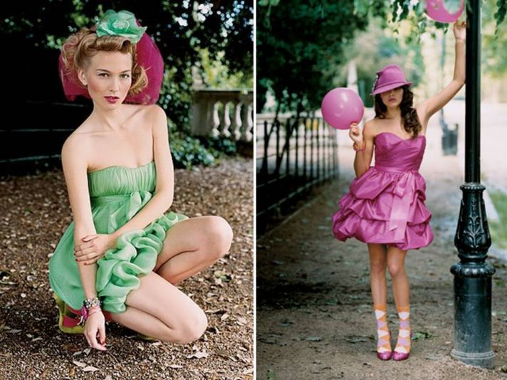 Green strapless bridesmaid dress and purple ruffled bridesmaids dress
