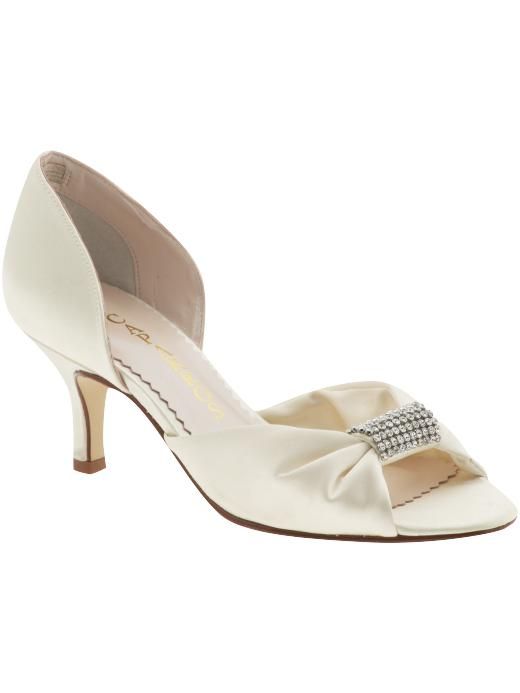 Ivory satin low bridal heels with open toe and rhinestone detail