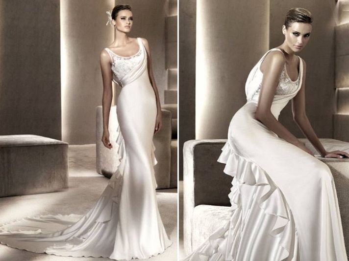 Slinky silk sheath scoop neck wedding dress with romantic ruffles