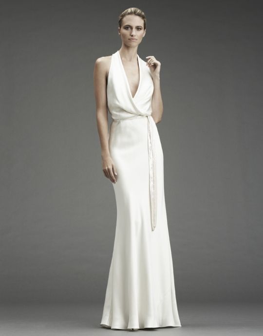 White silk halter column wedding dress with cowl halter neckline