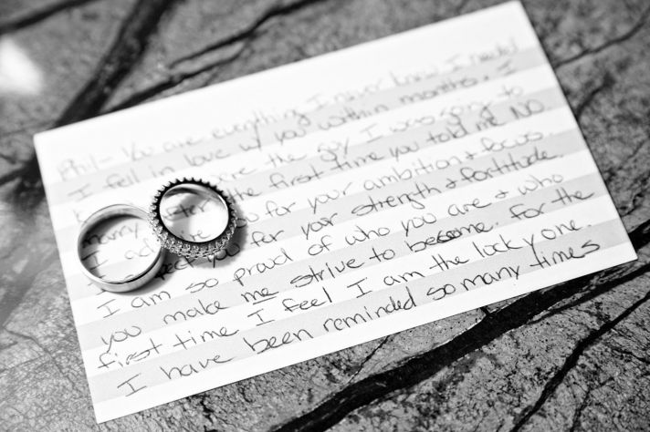 Handwritten note from the groom for his bride, wedding bands photographed on top of romantic note