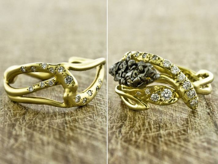 Recycled yellow gold unique engagement band and wedding band with pave diamonds