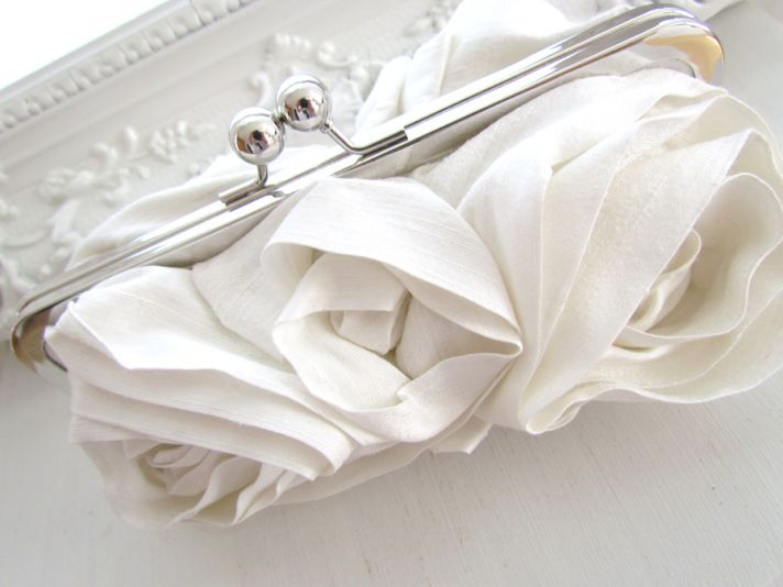 Chic ivory silk handmade bridal clutch with romantic floral embellishments