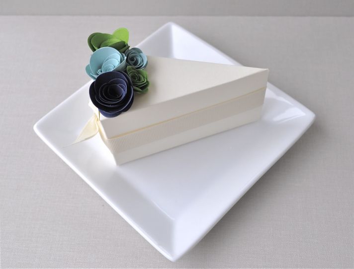 Chic ivory wedding guest favor boxes shaped like a slice of wedding cake, adorned with blue and gree