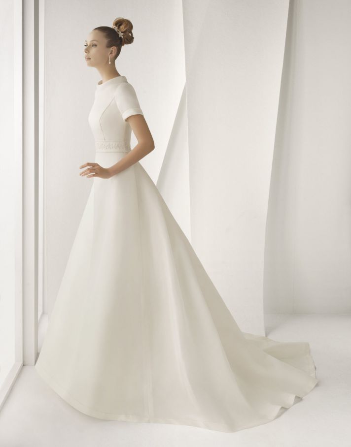 Modest ivory silk mikado Rosa Clara wedding dress with short sleeves and high bateau neck