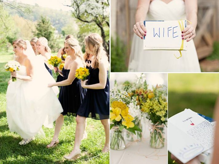 Casual Tennessee bride wears white wedding dress, holds Wife wedding sign