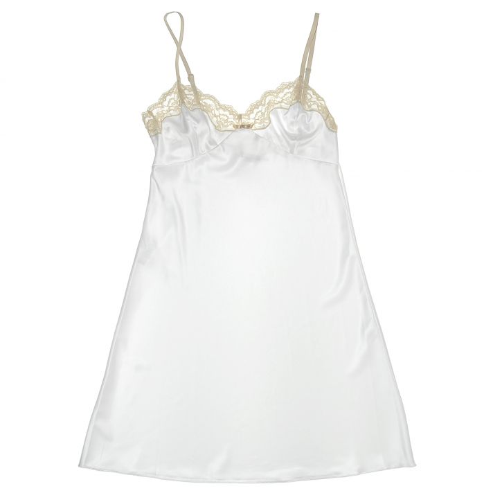 Romantic white silk bridal chemise with ivory lace detail at bust