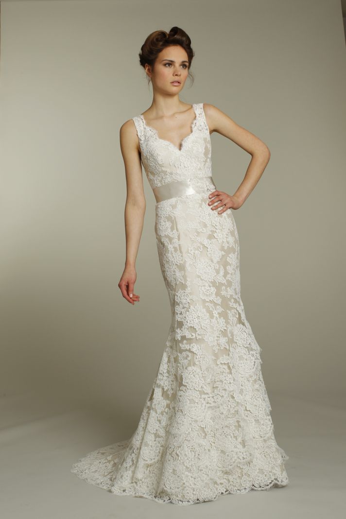 Romantic ivory v-neck lace wedding dress with champagne ribbon sash