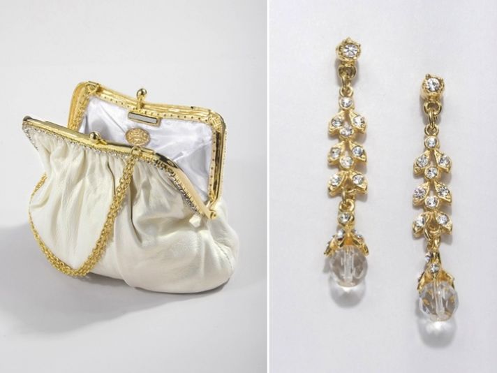 Ivory and gold designer bridal clutch and drop crystal wedding earrings