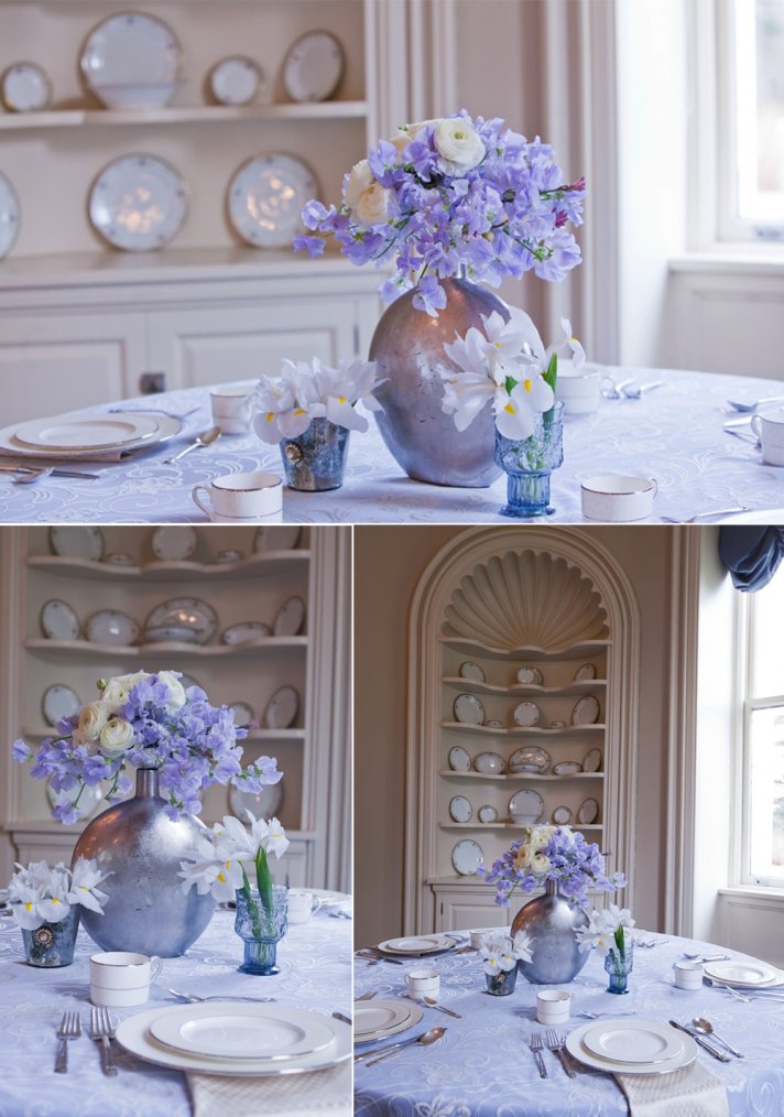 Antique China, lilac and ivory wedding flowers, elegant wedding reception venue