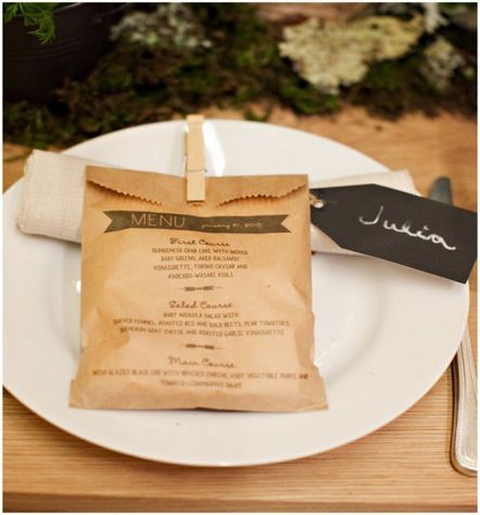 Menu printed on a paper bag with favor inside