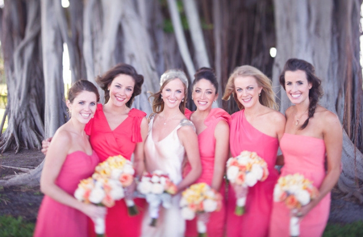 hot pink coral mix match bridesmaids dresses