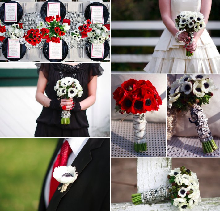 red white black wedding flowers anemone