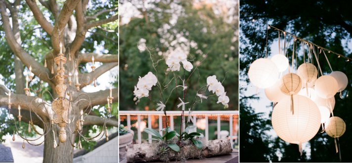 romantic outdoor wedding chandeliers white orchid centerpieces