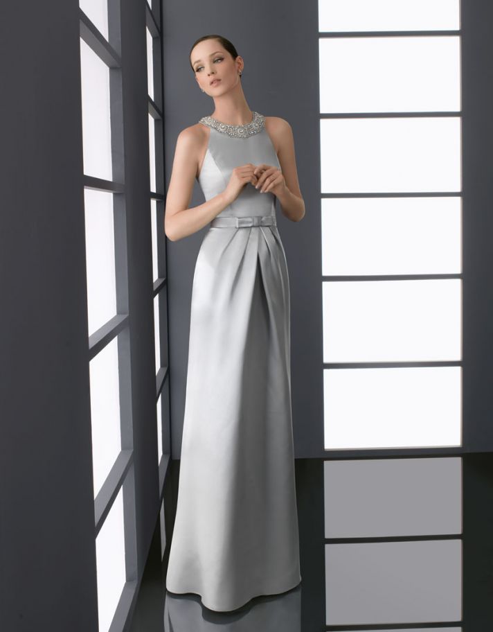elegant silver bridesmaid dress high neck beading with bow