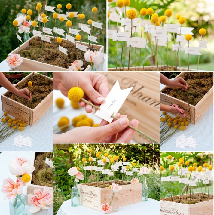 moss billy ball wedding reception escort cards display yellow pink green