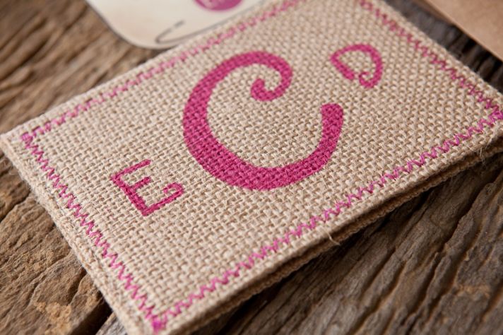 Burlap Pink Monogram Wedding Invitation Detail hot pink wedding colors 3
