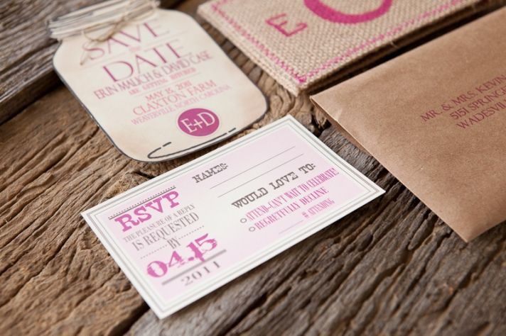 Burlap Pink Monogram Wedding Invitation Detail hot pink wedding colors 3