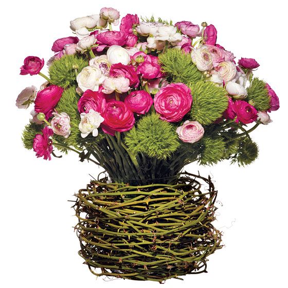 unique wedding centerpieces pink green ivory Ranunculus bullbrier vine Green Trick dianthus