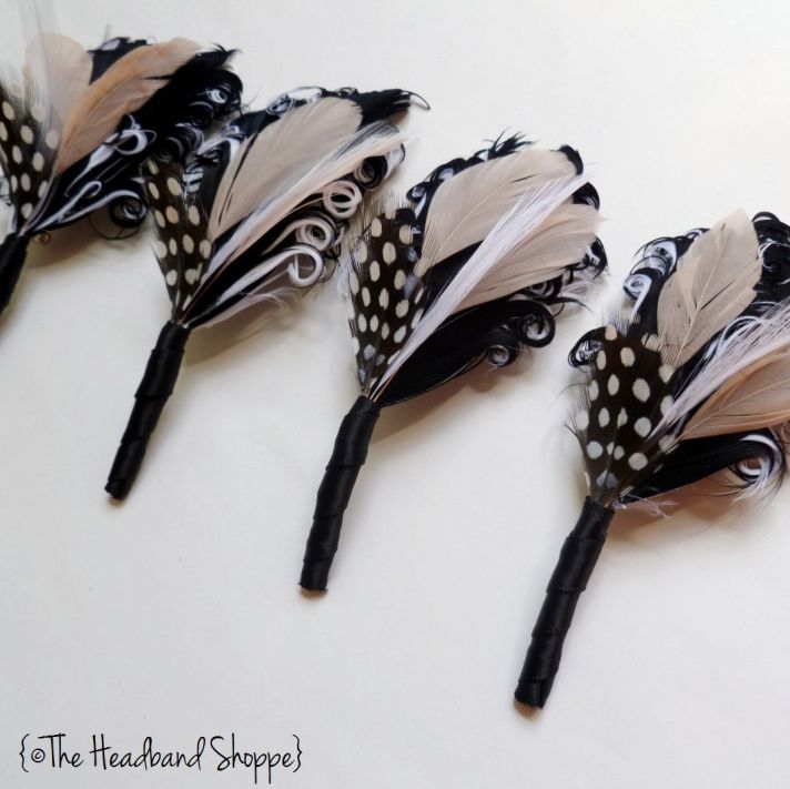 black ivory feather bouts for groom groomsmen