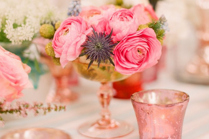 romantic outdoor wedding with Anthropologie inspired pink peony centerpiece copper vase
