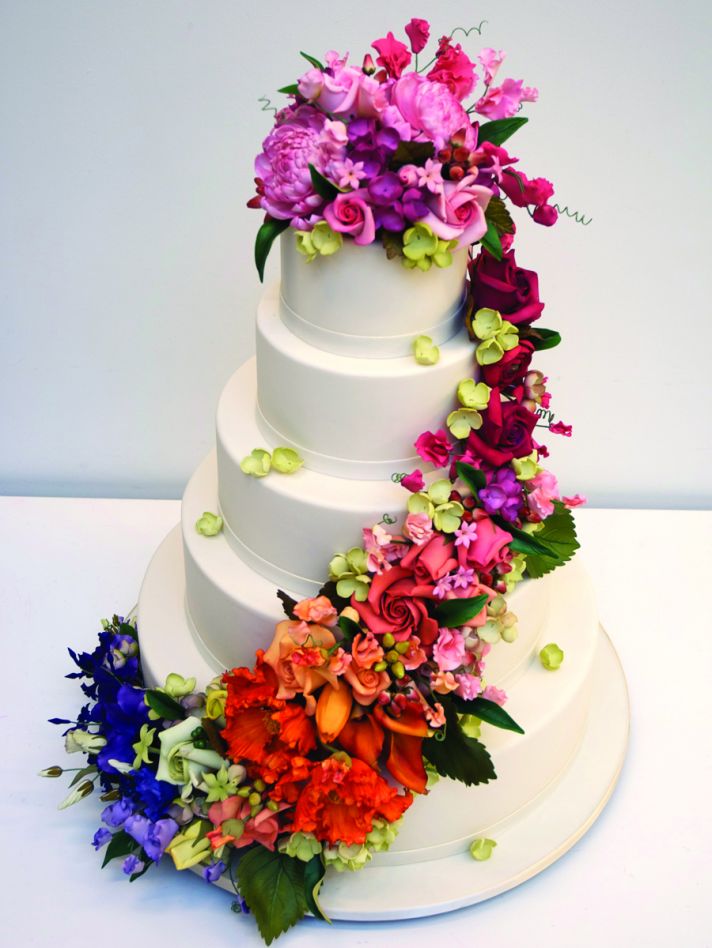 Classic White Wedding Cake with Bright Florals