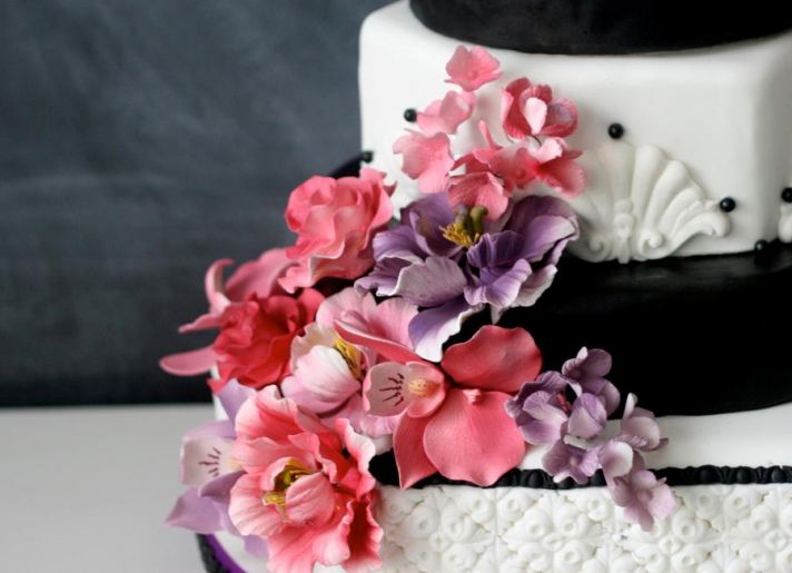 Black and White Wedding Cake with Pink Purple Sugar Blooms