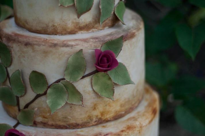 Rustic Wedding Cake with Cascading Leaves Roses