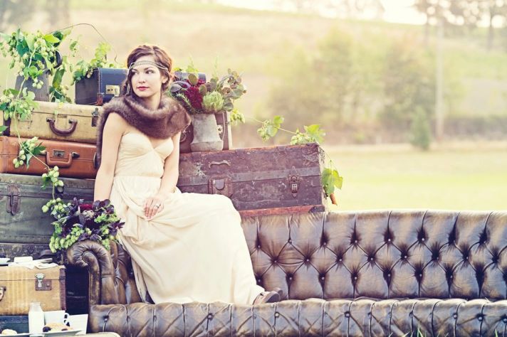 Outdoor Vintage Wedding Portrait Great Gatsby Bride