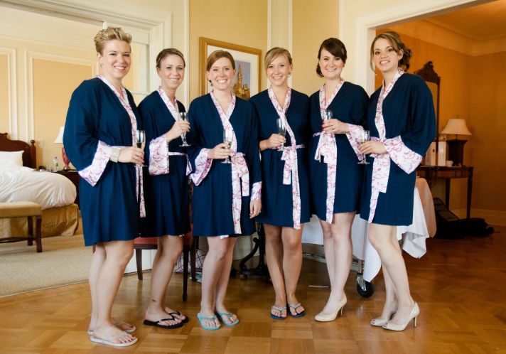 Navy Blue and Cherry Blossom Robes for Bridesmaids