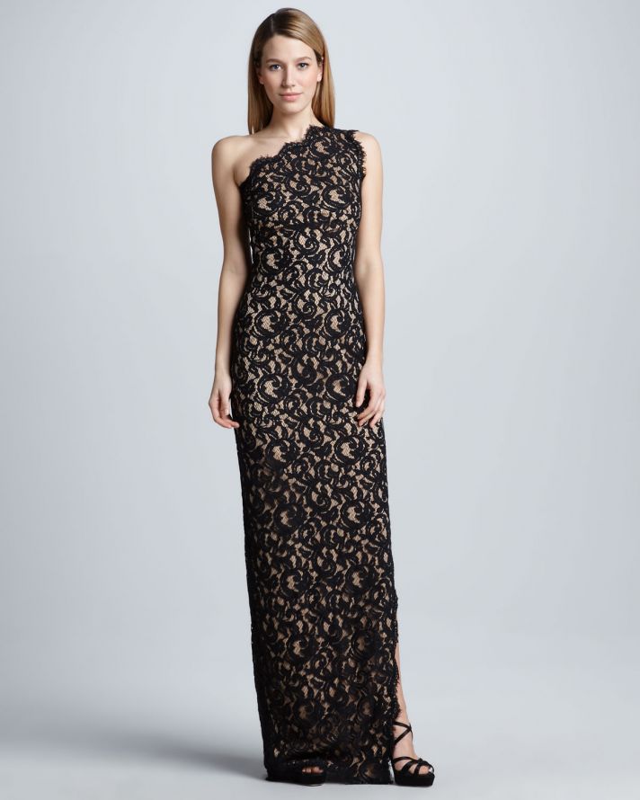 one shoulder black lace over nude MOB gown