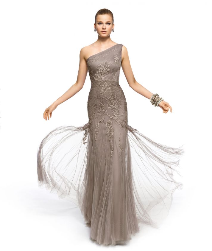 Beige one shoulder gown with lace applique for MOB or bridesmaids
