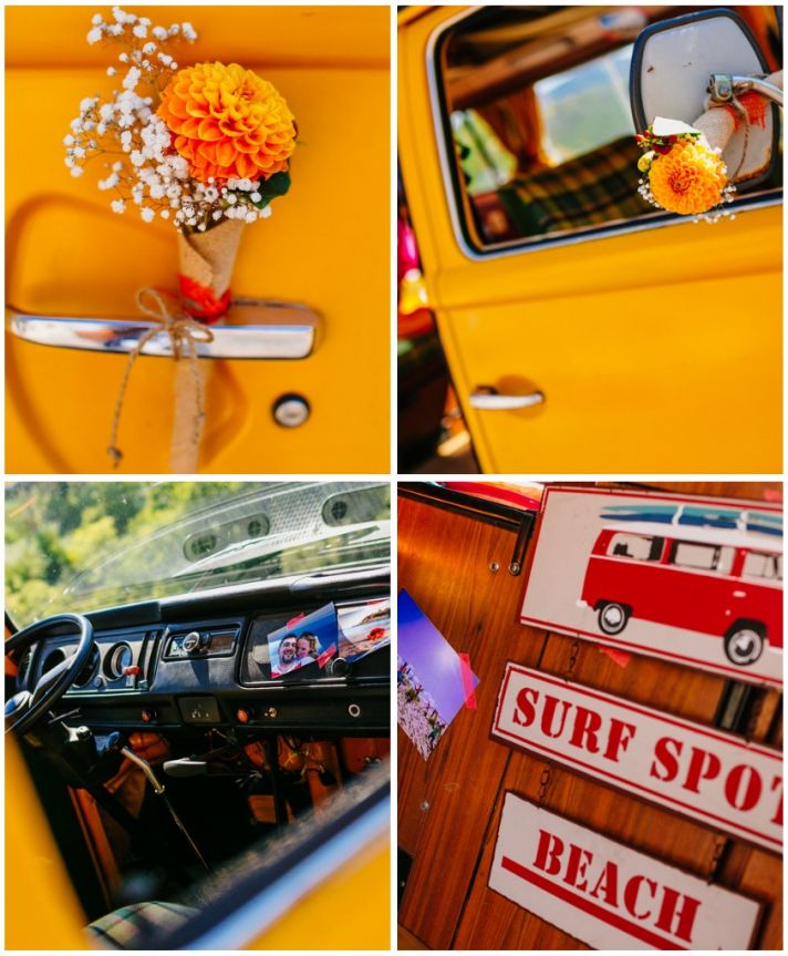 Bright yellow VW van accents