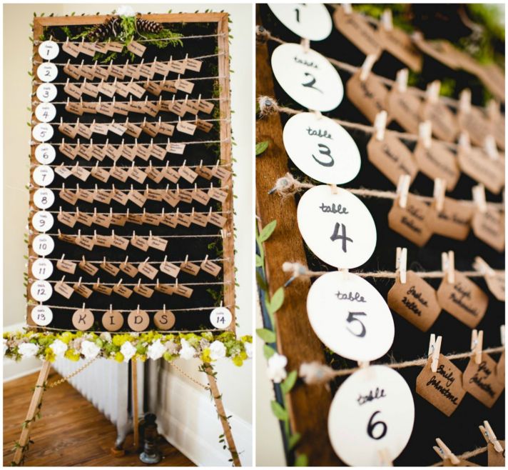 Rustic wedding escort card display