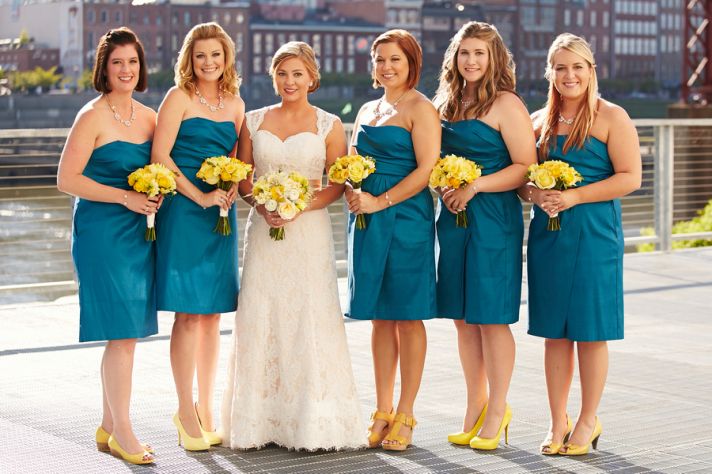 Cheerful Bridemaids with Blue Dresses and Yellow Accents