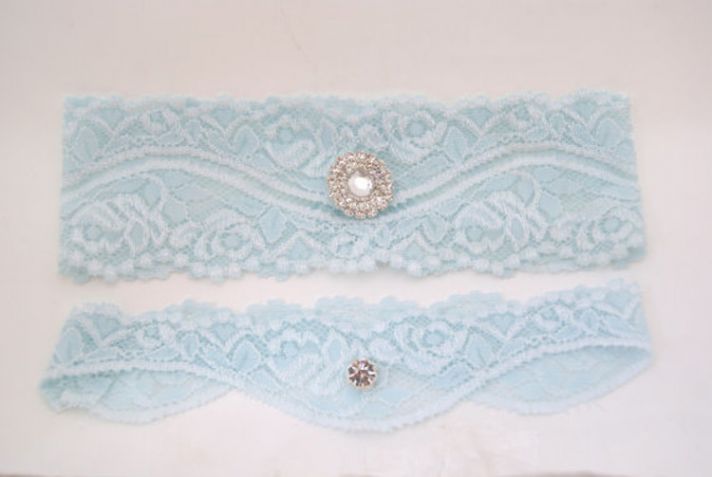 Something Blue Lace Garter with Rhinestone