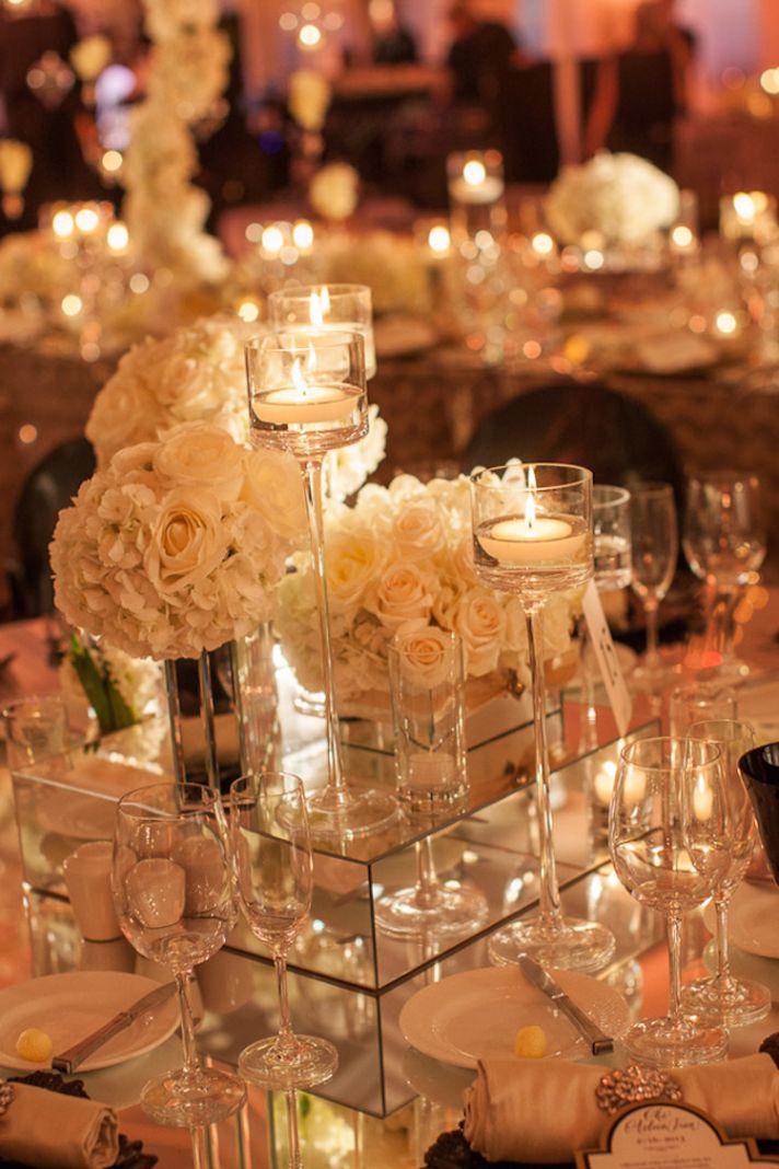 Tall Candle Votives White ROses and Mirrored Stands for Reception Centerpieces