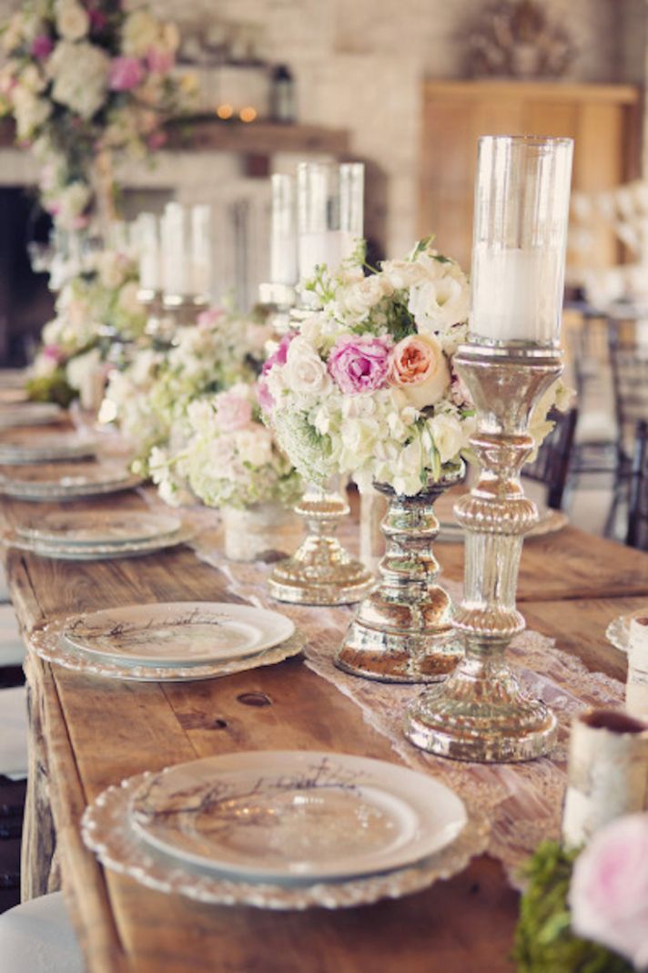 Dreamy Centerpieces of Florals and Candles on Mercury Stands