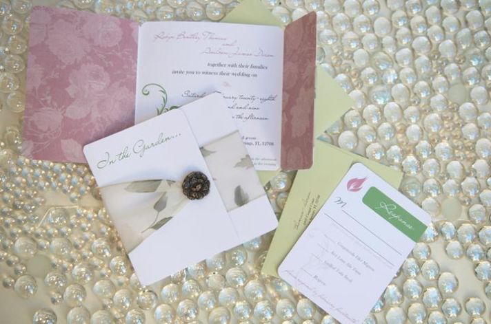Dusty rose, white, and sage garden theme wedding stationery