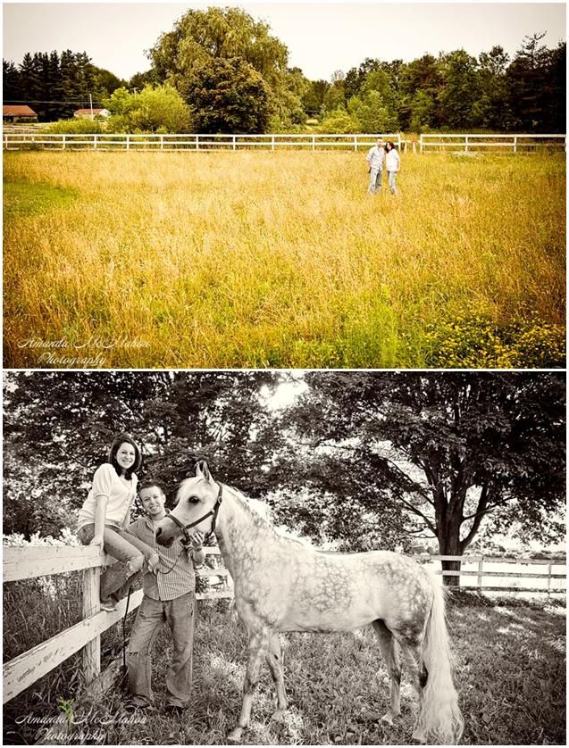 Bride and groom in background of green field; pose with white horse, bride sits on white picket fenc
